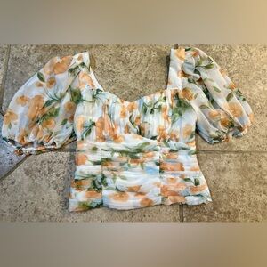 Abercrombie & Fitch Floral Puff Sleeve Blouse - Peach, White and Green